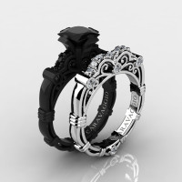 Art Masters Caravaggio 14K Black and White Gold 1.25 Ct Princess Black and White Diamond Engagement Ring Wedding Band Set R623PS2-14KBWGDBD