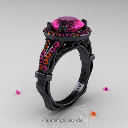Caravaggio 14K Black Gold 3.0 Ct Pink and Orange Sapphire Engagement Ring Wedding Ring R620-14KBGOSPS
