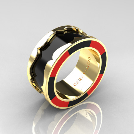 Caravaggio 14K Yellow Gold Black and Red Italian Enamel Wedding Band Ring R618F-14KYGBLREN