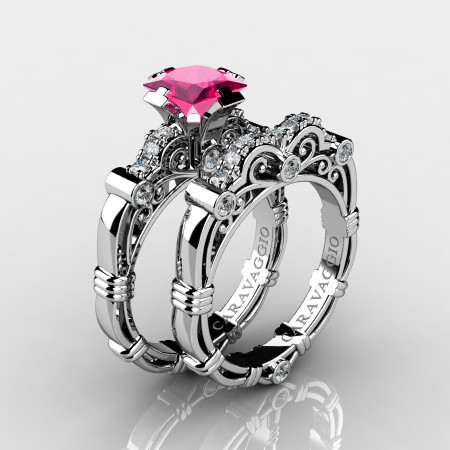 Art Masters Caravaggio 14K White Gold 1.25 Ct Princess Pink Sapphire Diamond Engagement Ring Wedding Band Set R623PS-14KWGDPS