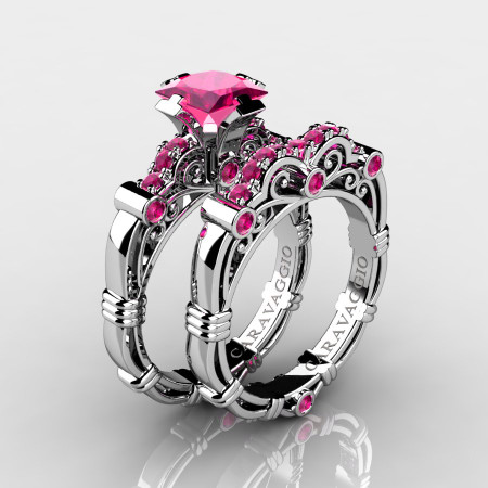 Art Masters Caravaggio 14K White Gold 1.25 Ct Princess Pink Sapphire Engagement Ring Wedding Band Set R623PS-14KWGPS