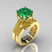 Classic 14K Yellow Gold 3.0 Ct Emerald Yellow Sapphire Solitaire Wedding Ring Set R301S-14KYGYSEM