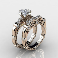 Art Masters Caravaggio 14K Rose Gold 1.25 Ct Princess White Sapphire Diamond Engagement Ring Wedding Band Set R623PS-14KRGDWS