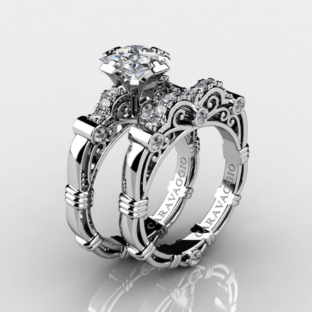 Art-Masters-Caravaggio-14K-White-Gold-1-25-Carat-Princess-White-Sapphire-and-White-Diamond-Engagement-Ring-Wedding-Band-Set-R623PS-14KWGDWS-P