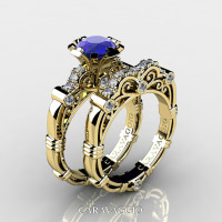 Art Masters Caravaggio 14K Yellow Gold 1.0 Ct Blue Sapphire Diamond Engagement Ring Wedding Band Set R623S-14KYGDBS