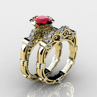 Art Masters Caravaggio 14K Yellow Gold 1.0 Ct Ruby Diamond Engagement Ring Wedding Band Set R623S-14KYGDR