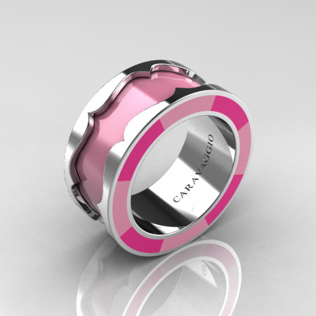 Caravaggio 14K White Gold Light Pink and Pink Italian Enamel Wedding Band Ring R618F-14KWGLPPEN