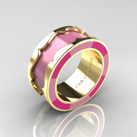 Caravaggio 14K Yellow Gold Light Pink and Pink Italian Enamel Wedding Band Ring R618F-14KYGLPPEN