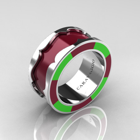 Caravaggio 14K White Gold Maroon and Lime Green Italian Enamel Wedding Band Ring R618F-14KWGLGME