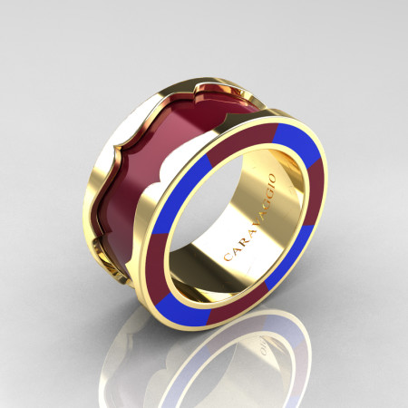 Caravaggio 14K Yellow Gold Maroon and Blue Italian Enamel Wedding Band Ring R618F-14KYGBLME