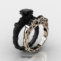 Caravaggio 14K Black and Rose Gold 1.25 Ct Princess Black Diamond Engagement Ring Wedding Band Set R623PS-14KBRGBD