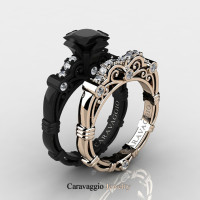 Caravaggio 14K Black and Rose Gold 1.25 Ct Princess Black and White Diamond Engagement Ring Wedding Band Set R623PS3-14KBRGDBD