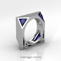Mens Avant Garde 14K White Gold 1.0 Ct Triangle Royal Blue Sapphire Wedding Ring R349M2-14KWGBS
