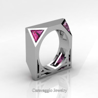 Mens Avant Garde 14K White Gold 1.0 Ct Triangle Royal Pink Sapphire Wedding Ring R349M2-14KWGPS
