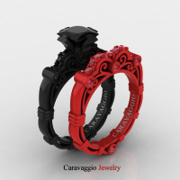 London Exclusive Caravaggio 14K Black and Red Gold 1.25 Ct Princess Black Diamond Ruby Engagement Ring Wedding Band Set R623PS2-14KBREGRBD