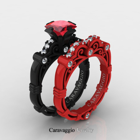 Caravaggio-London-14K-Black-and-Red-Gold-1-25-Carat-Princess-Ruby-Diamond-Engagement-Ring-Wedding-Band-Set-R623PS-14KBREGDR-P