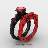 London Exclusive Caravaggio 14K Black and Red Gold 1.25 Ct Princess Ruby Engagement Ring Wedding Band Set R623PS-14KBREGR