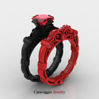 London Exclusive Caravaggio 14K Black and Red Gold 1.25 Ct Princess Ruby Black Diamond Engagement Ring Wedding Band Set R623PS2-14KBREGBDR
