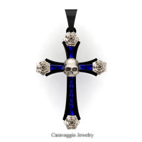 Caravaggio Bridal 14K Black and Rose Gold Baguette Blue Sapphire Rose Skull and Cross Pendant Wedding Jewelry C487S-14KBRGBS