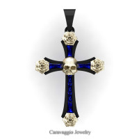 Caravaggio Bridal 14K Black and Yellow Gold Baguette Blue Sapphire Rose Skull and Cross Pendant Wedding Jewelry C487S-14KBYGBS