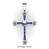 Caravaggio Bridal 14K White Gold Baguette Blue Sapphire Rose Skull and Cross Pendant Wedding Jewelry C487S-14KWGBS