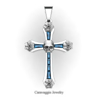 Caravaggio Bridal 14K White Gold Baguette London Blue Sapphire Rose Skull and Cross Pendant Wedding Jewelry C487S-14KWGLBS