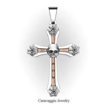 Caravaggio-Bridal-14K-White-Gold-Baguette-Morganite-Roses-Skull-on-Cross-Pendant-Wedding-Jewelry-C487S-14KWGMO-T
