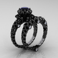 Caravaggio Lace 14K Black Gold 1.0 Ct Black and White Diamond Engagement Ring Wedding Band Set R634S-14KBGDBD