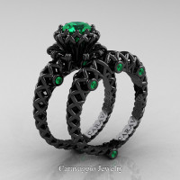 Caravaggio Lace 14K Black Gold 1.0 Ct Emerald Engagement Ring Wedding Band Set R634S-14KBGEM