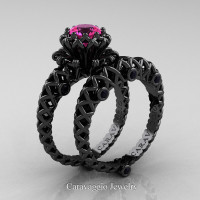 Caravaggio Lace 14K Black Gold 1.0 Ct Pink Sapphire Black Diamond Engagement Ring Wedding Band Set R634S-14KBGBDPS