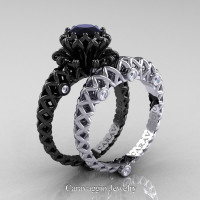 Caravaggio Lace 14K Black and White Gold 1.0 Ct Black and White Diamond Engagement Ring Wedding Band Set R634S-14KBWGDBD