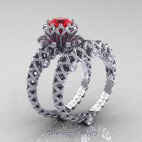 Caravaggio Lace 14K White Gold 1.0 Ct Ruby Diamond Engagement Ring Wedding Band Set R634S-14KWGDR