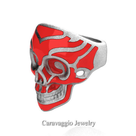 Caravaggio-Mens-14K-White-Gold-Red-Enamel-Skull-Ring-R638-14KWGSRE-P