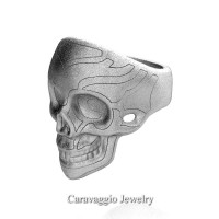 Mens Modern Italian 14K White Gold Skull Ring R635-14KWGS3