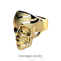 Mens Modern Italian 14K Yellow Gold Skull Ring R635-14KYGS