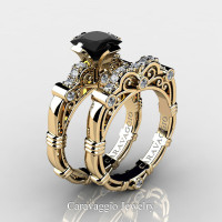 Art Masters Caravaggio 14K Yellow Gold 1.25 Ct Princess Black and White Diamond Engagement Ring Wedding Band Set R623PS-14KYGDBD