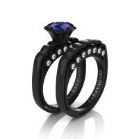 Caravaggio Classic 14K Black Gold 1.0 Ct Alexandrite Diamond Engagement Ring Wedding Band Set R637S-14KBGDAL