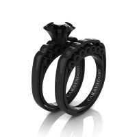 Caravaggio Classic 14K Black Gold 1.0 Ct Black Diamond Engagement Ring Wedding Band Set R637S-14KBGBD