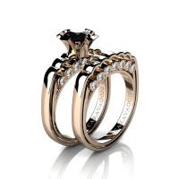 Caravaggio Classic 14K Rose Gold 1.25 Ct Black and White Diamond Engagement Ring Wedding Band Set R637S-14KRGDNBD