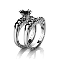 Caravaggio Classic 14K White Gold 1.0 Ct Black and White Diamond Engagement Ring Wedding Band Set R637S-14KWGDBD