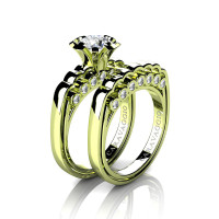 Caravaggio Classic 18K Green Gold 1.0 Ct White Sapphire Diamond Engagement Ring Wedding Band Set R637S-18KGGDWS