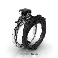 Caravaggio 14K White and Black Gold 1.25 Ct Princess Black Diamond Engagement Ring Wedding Band Set R623PS-14KWBGBD