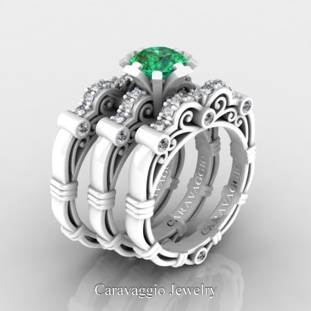 Art-Masters-Caravaggio-14K-Ceramic-White-Gold-1-Carat-Emerald-Diamond-Engagement-Ring-Wedding-Band-Set-R623S3-14KCWGDEM-P