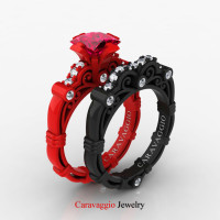 London Exclusive Caravaggio 14K Red and Black Gold 1.25 Ct Princess Rose Ruby Diamond Engagement Ring Wedding Band Set R623PS-14KREBGDRR