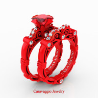 London Exclusive Caravaggio 14K Red Gold 1.25 Ct Princess Ruby Diamond Engagement Ring Wedding Band Set R623PS-14KREGDR