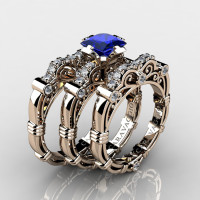 Art Masters Caravaggio Trio 14K Rose Gold 1.25 Ct Princess Blue Sapphire Diamond Engagement Ring Wedding Band Set R623PS3-14KRGDBS