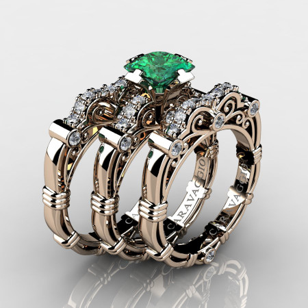 Art Masters Caravaggio Trio 14K Rose Gold 1.25 Ct Princess Emerald Diamond Engagement Ring Wedding Band Set R623PS3-14KRGDEM