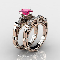 Art Masters Caravaggio 14K Rose Gold 1.25 Ct Princess Pink Sapphire Diamond Engagement Ring Wedding Band Set R623PS-14KRGDPS