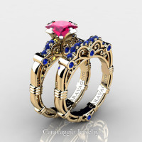 Art Masters Caravaggio 14K Yellow Gold 1.25 Ct Princess Pink and Blue Sapphire Engagement Ring Wedding Band Set R623PS-14KYGBSPS