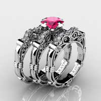 Art Masters Caravaggio Trio 14K White Gold 1.25 Ct Princess Pink Sapphire Diamond Engagement Ring Wedding Band Set R623PS3-14KWGDPS